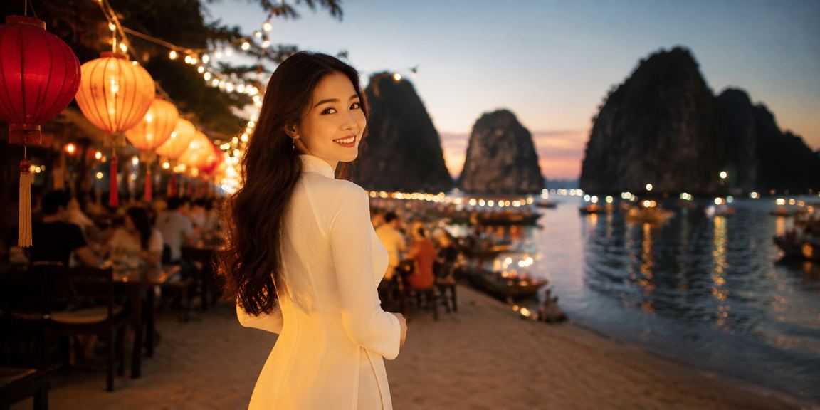 Người chơi bài mặc áo dài tại không gian cổ điển Hội An buổi tối lung linh