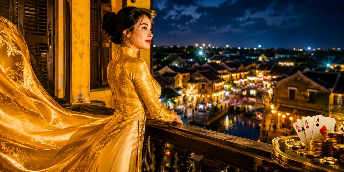 Không gian chơi bài áo dài tại phố cổ Hội An với đèn lồng rực rỡ về đêm